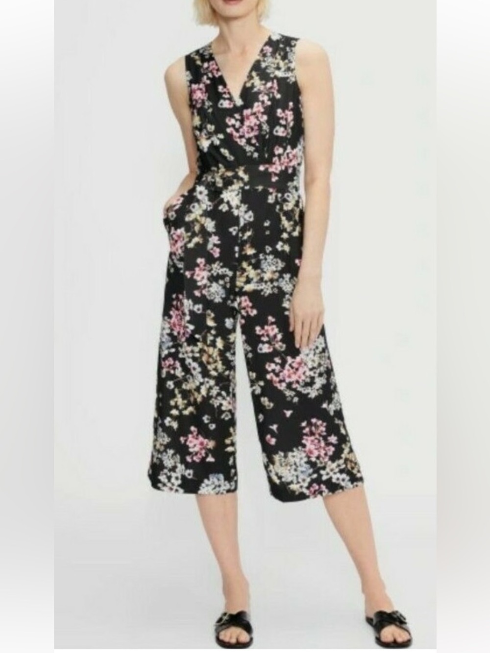 Ted Baker ISLANA Jasmine Floral V-Neck Wide-Leg Jumpsuit in Black Size 6
